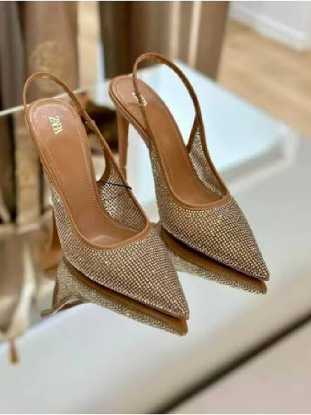 Zara Champagne Gold Crystal-Embellished Slingback Heels